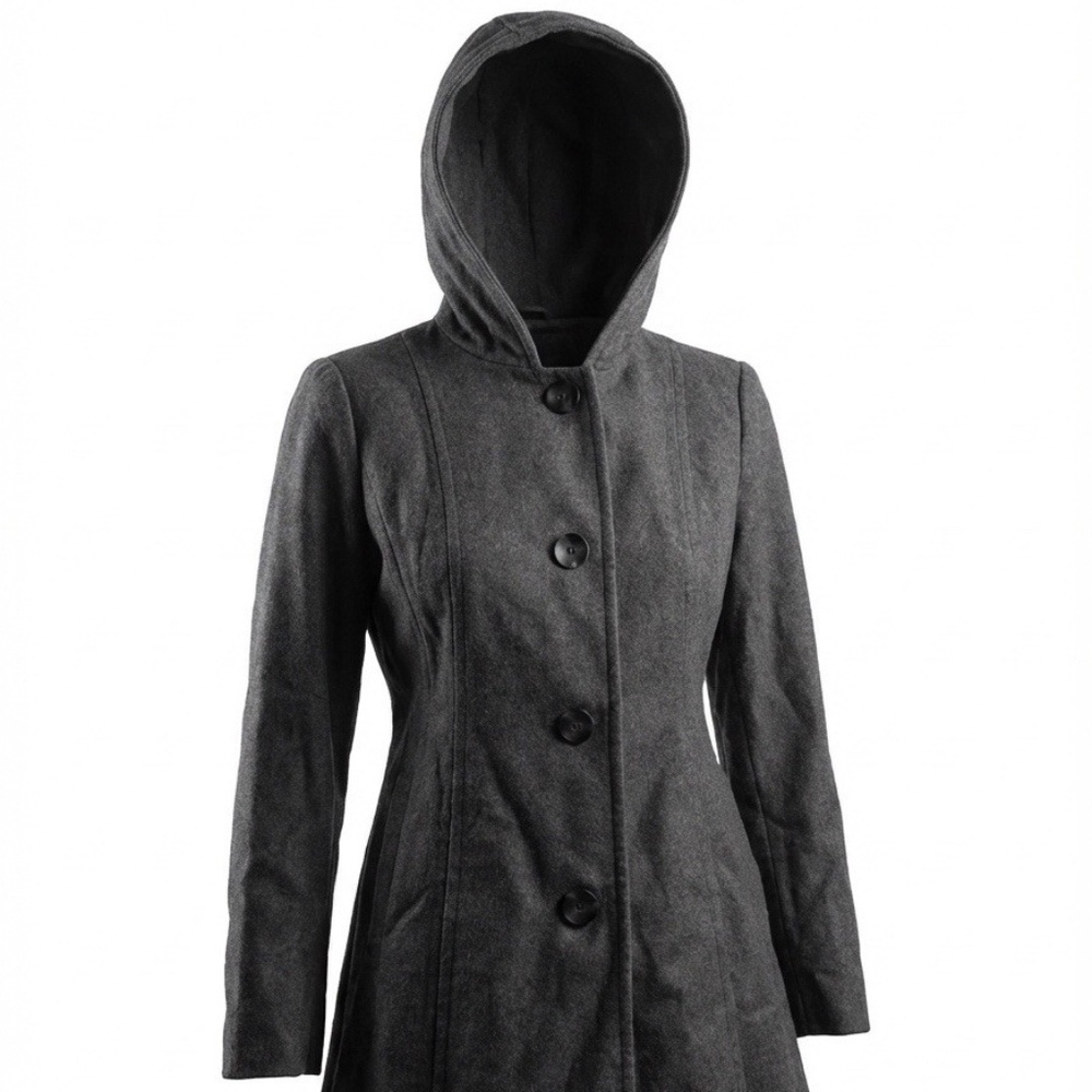 Anne Klein Coat Gray Wool Blend Button Hood Sz Small Peacoat Casual Chic Preppy - Picture 3 of 7